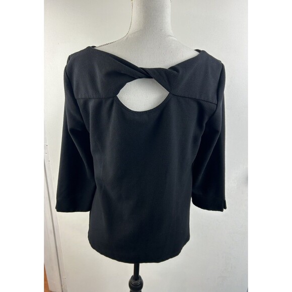 Talbots Black 3/4 Sleeve Top With Twisted Back Cut Out Sz M Split Hem & Cuffs - Picture 4 of 7